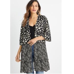 Maurices Floral Daisy Tiered Kimono Women’s Size S Black White Lightweight